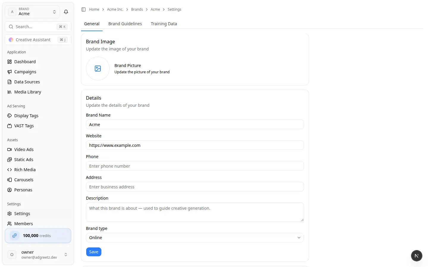 Settings → General General settings with brand picture and details