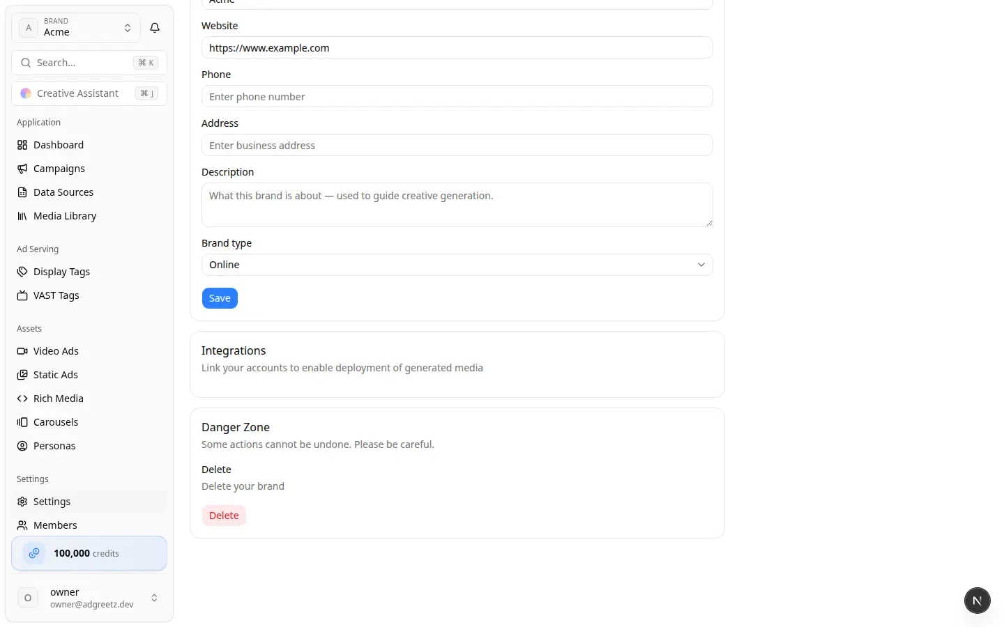 Brand integrations Integrations card with connection status for each platform
