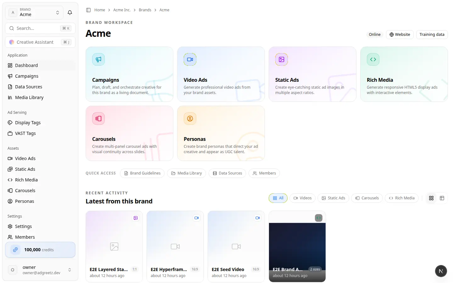 Brand launchpad Brand launchpad with creation tiles, quick access, and recent activity