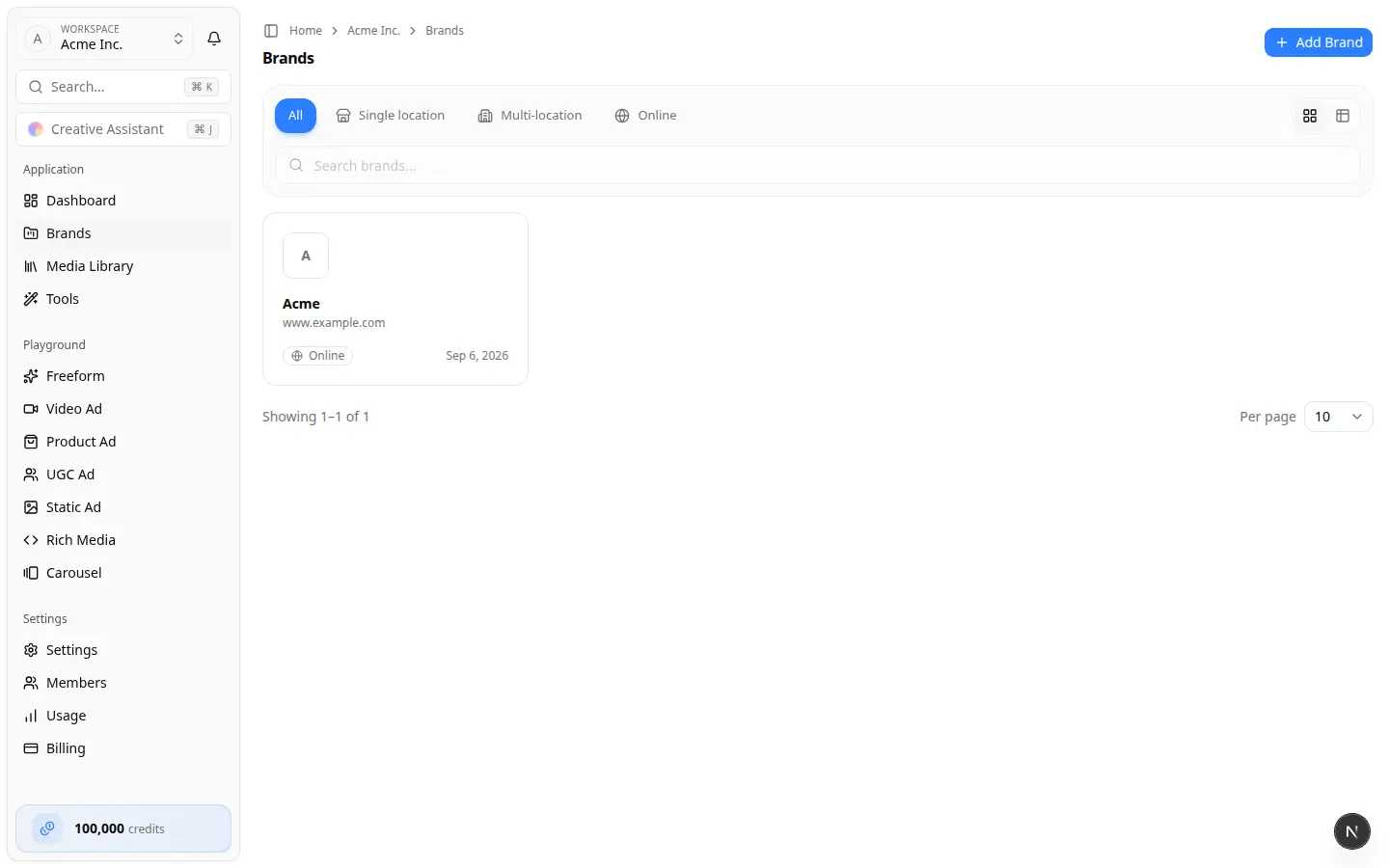 Brands list — choose Add Brand The team Brands page with the Add Brand button