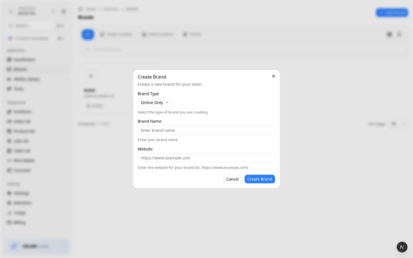 Online Only — name and website Online Only create form with name and website fields