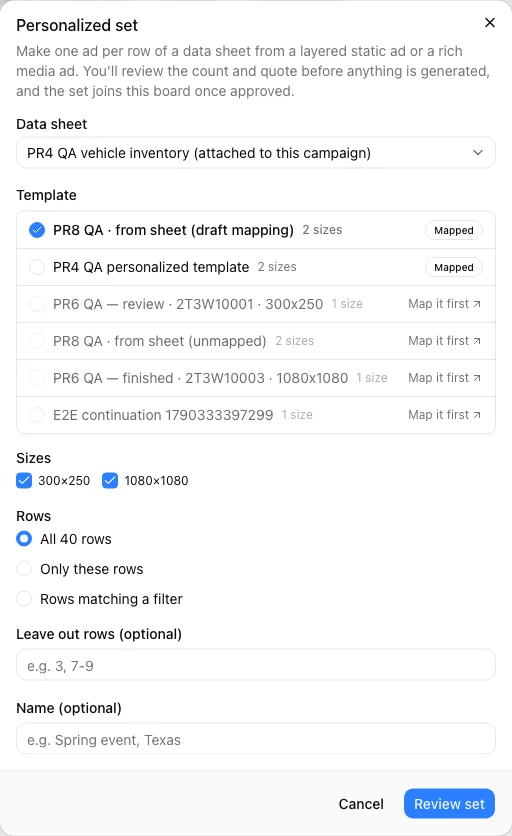 Campaign → Creatives → Personalized set Personalized set dialog on a campaign with a sheet, a mapped template, and the row selection