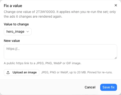 Fix a value Fix a value dialog with the value to change and the new value