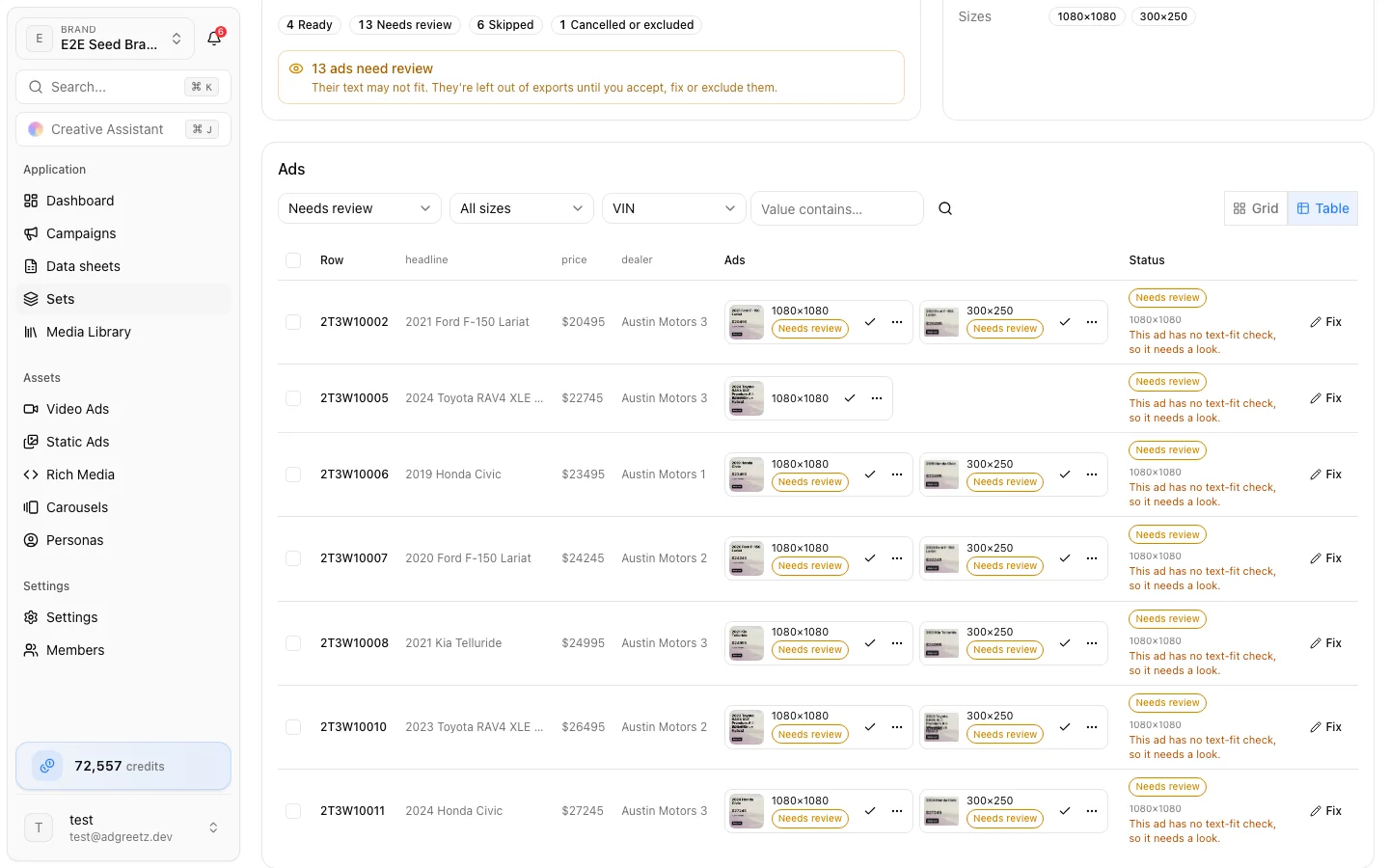 A set's ads in Table view Set page in Table view, filtered to ads that need review, with each row's reason and the Fix and Accept actions