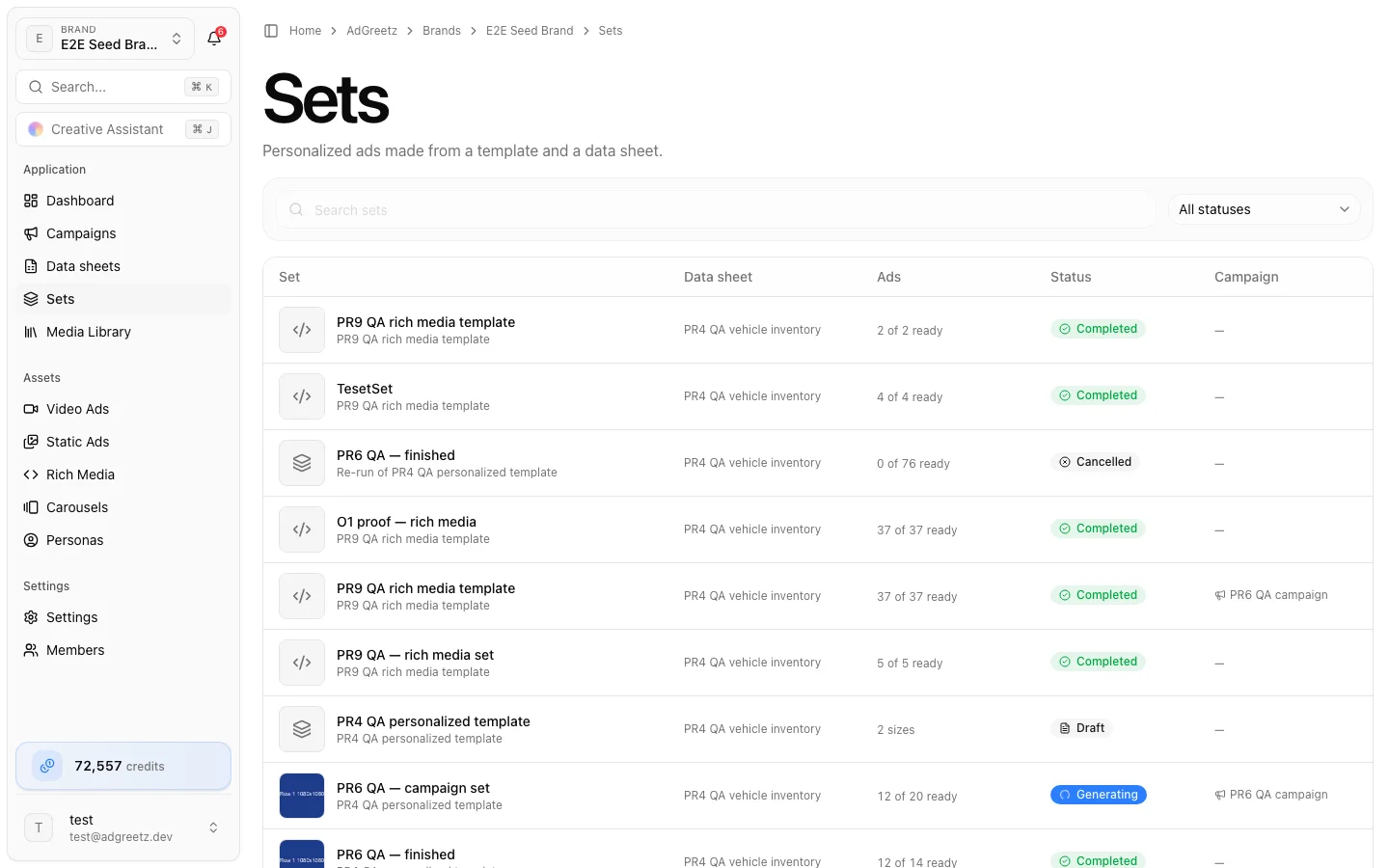 Brand → Sets Sets list with status, ad counts, data sheet, and campaign columns