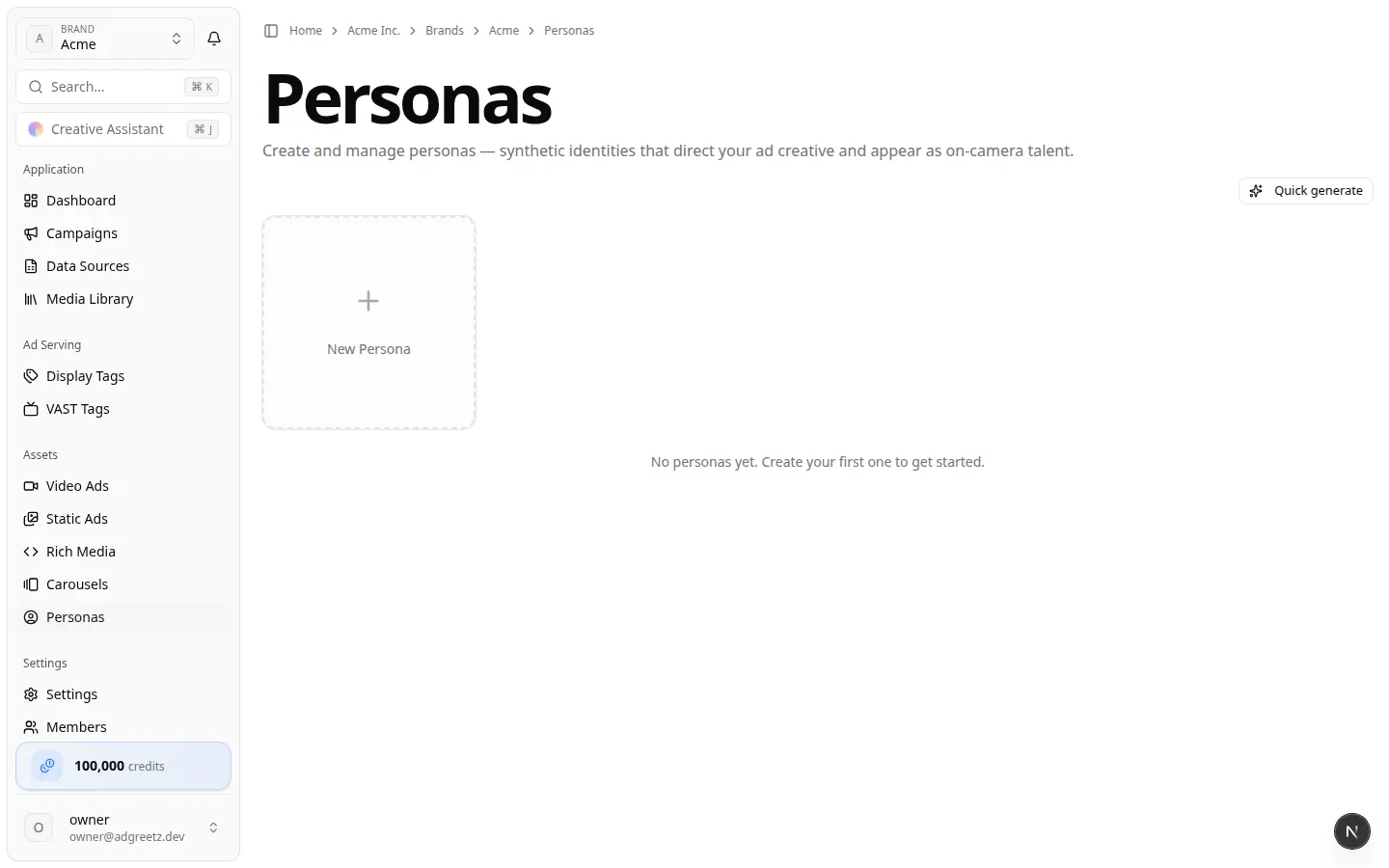 Personas — Create UGC video Brand Personas page with Create UGC video on a persona