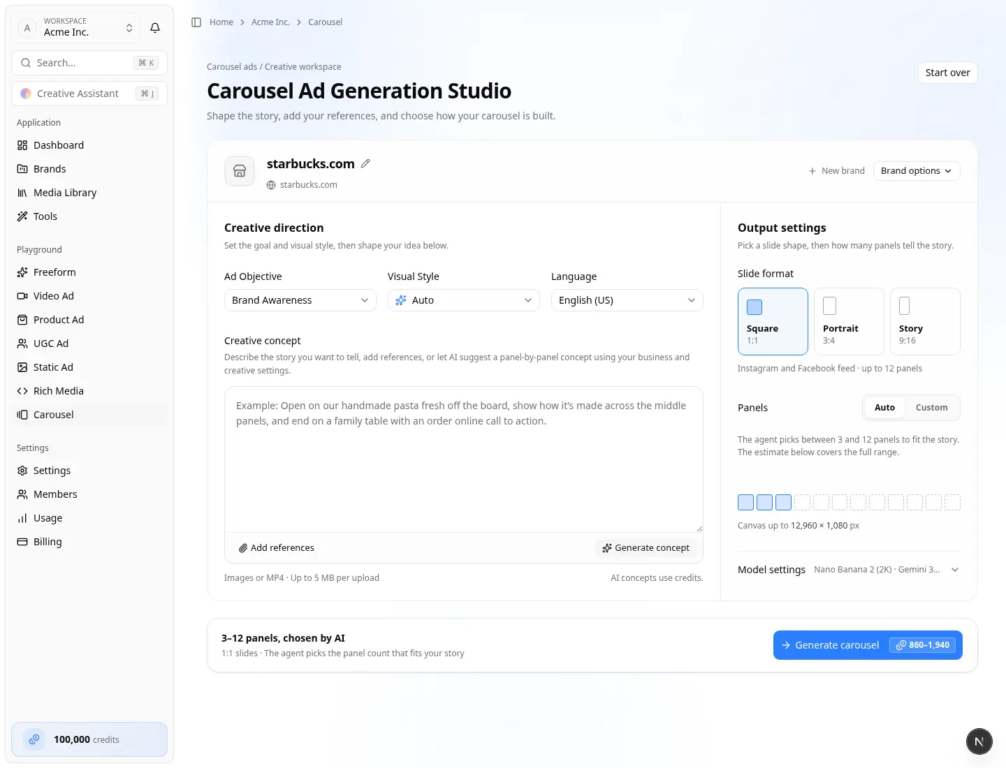 Carousel Playground — Carousel Ad Generation Studio Carousel Ad Generation Studio with creative direction and output settings