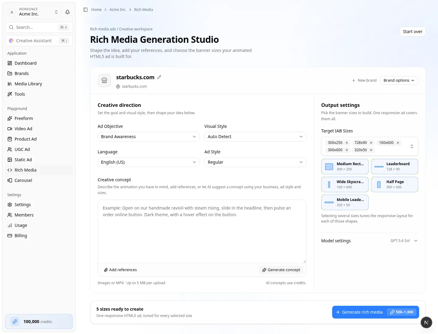 Rich Media Playground — Generation Studio Rich Media Generation Studio with creative direction and output settings