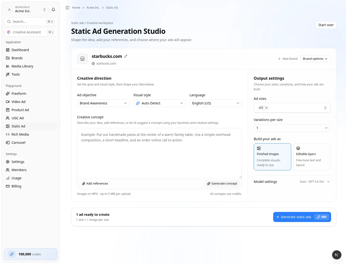 Static Ad Playground — Static Ad Generation Studio Static Ad Generation Studio with creative direction and output settings