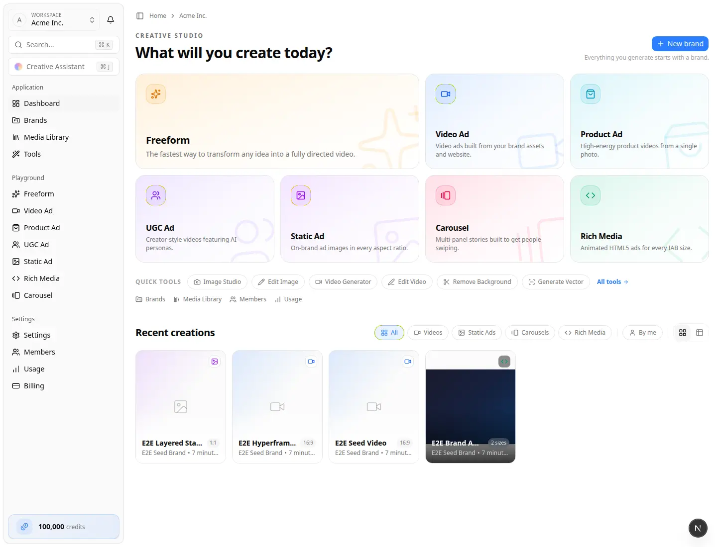 Team Creative studio — pick a format playground Team Creative studio with Video Ad, Static Ad, and UGC Ad tiles