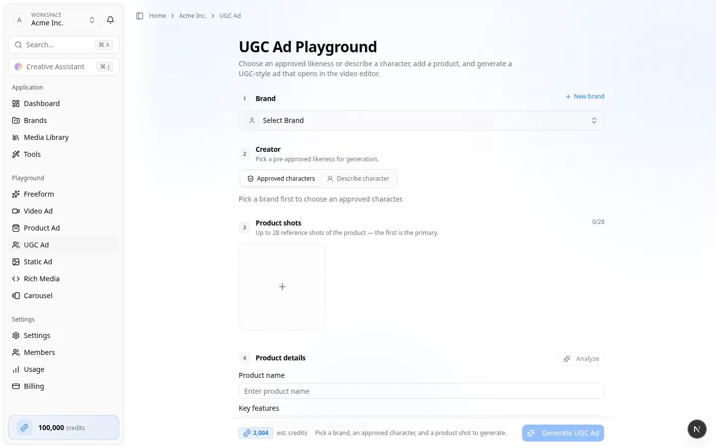 UGC Ad Playground — stepped brief UGC Ad Playground with Brand, Creator, and Product shots steps