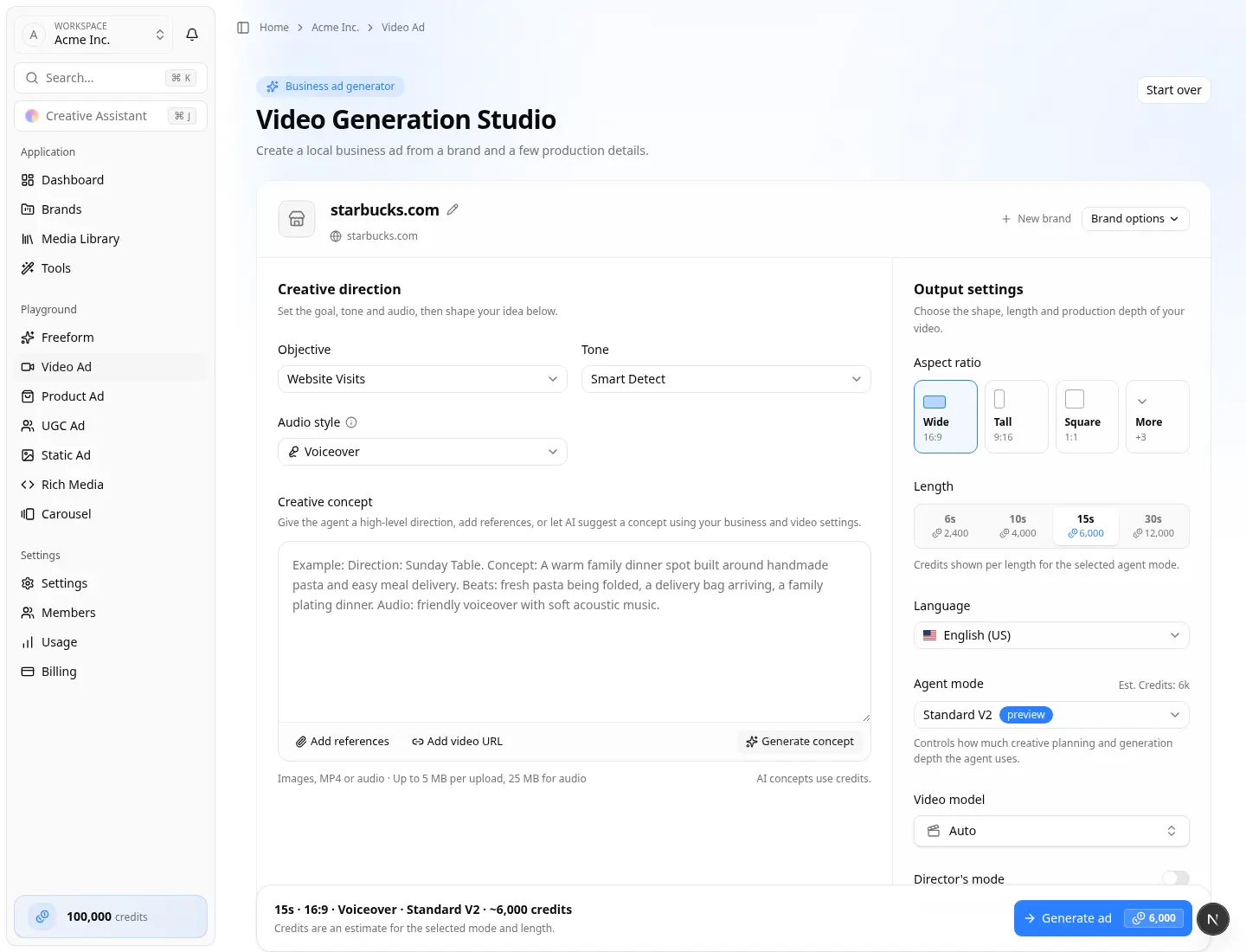 Video Playground — Video Generation Studio Video Generation Studio with creative direction and output settings